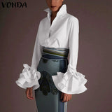 New Women Shirts VONDA 2021 Spring Summer Sexy Turn-down Collar Flare Sleeve Party Tops Office Shirt Casual  Blusas