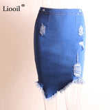 Asymmetric Hole Denim Midi Skirt With Tassel New 2022