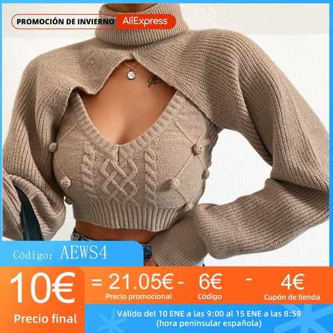 Glamaker Hairball 2 piece set women autumn winter turtleneck crop sweaters vest knit top Sexy backless knitted chic new jumper